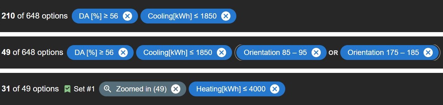The filter bar at three moments: two filters, then an either-or pair added, then zoomed in with one more filter