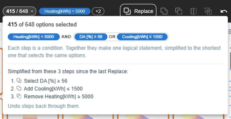 Expert's account of a selection: Heating under 5000 AND (DA of 56 or more OR Cooling of 1500 or less), from three steps